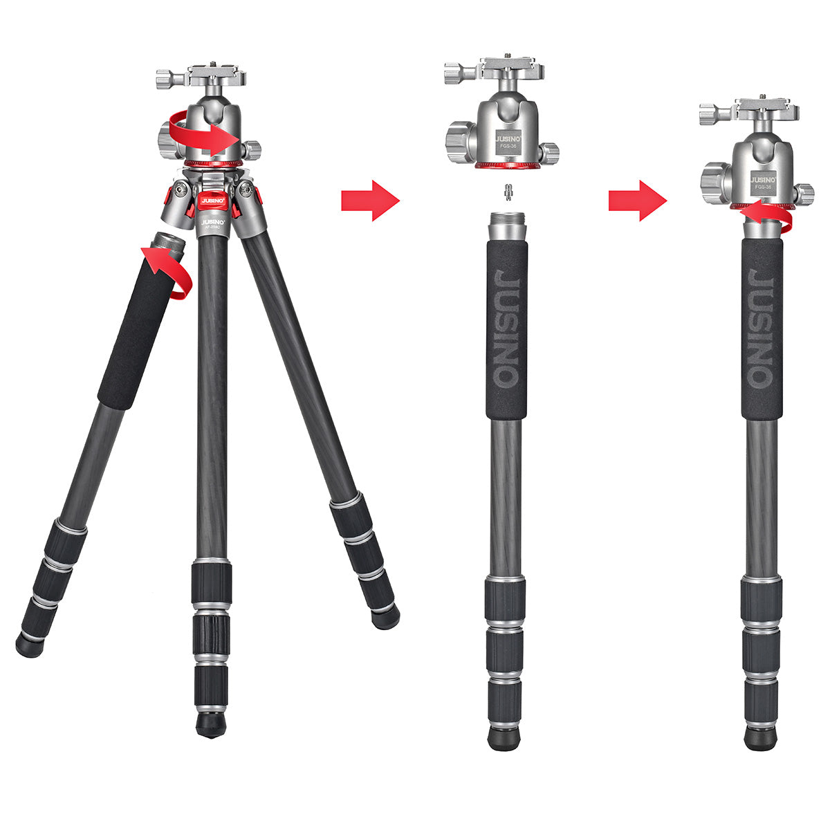 JUSINO Leichtes Karbon Fotostativ mit Kugelkopf Stativ bis 138cm 12kg AF-254C FGS-36