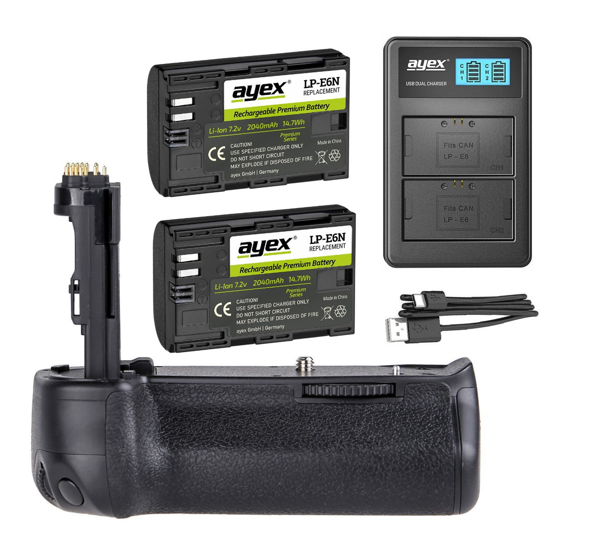 Batteriegriff Set für Canon EOS 90D 80D 70D + 2x LP-E6N Akku + 1x USB Dual Ladegerät wie BG-E14