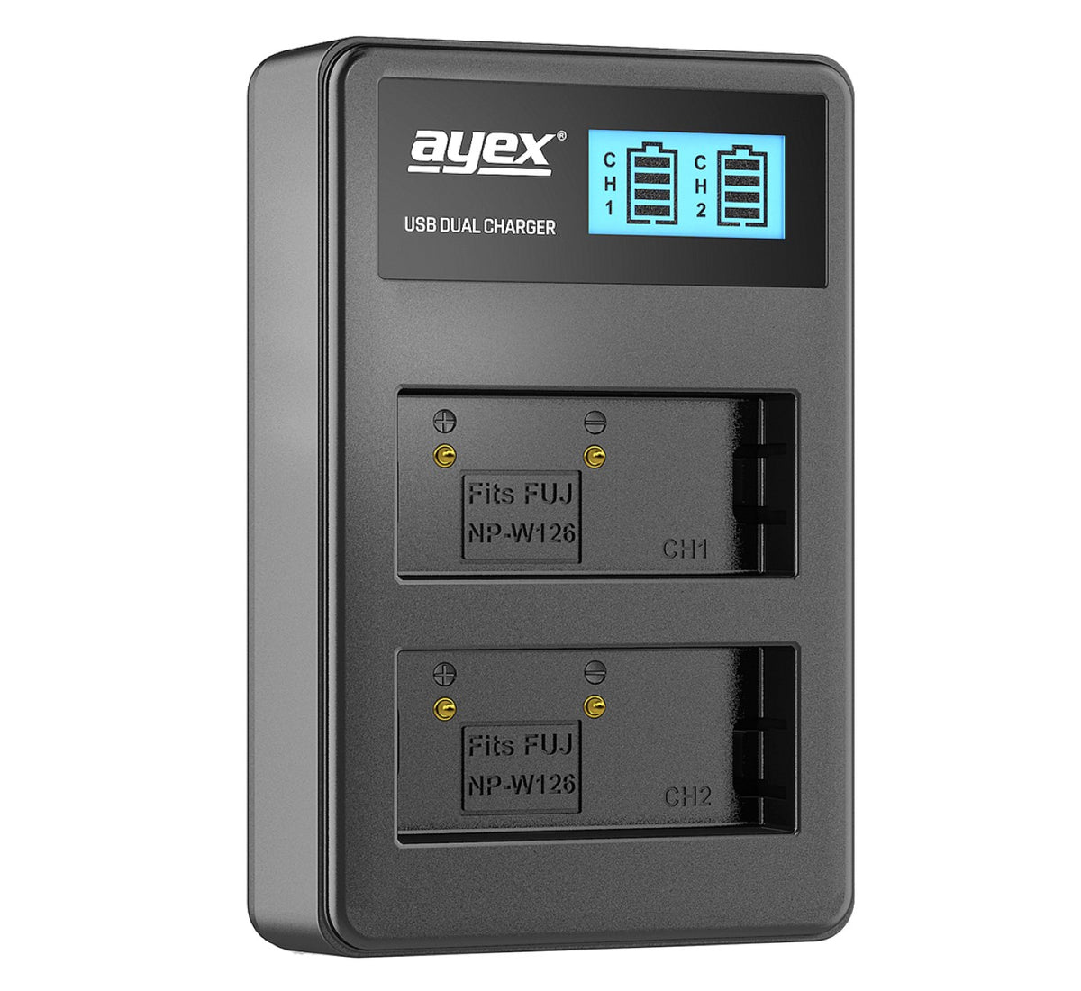 USB Dual Ladegerät für Fujifilm NP-W126 Akkus beleuchtetes Display Ladestandanzeige