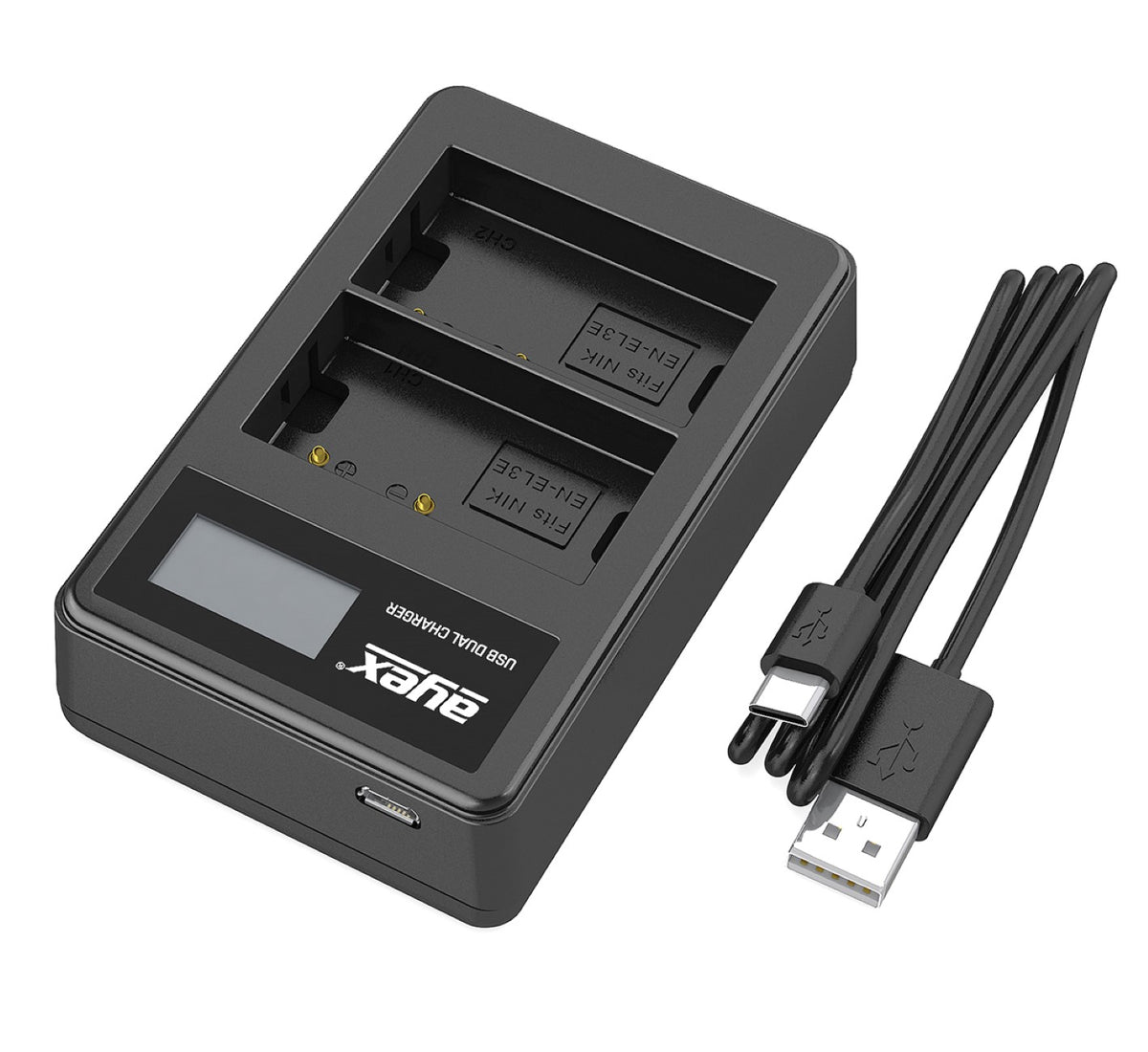 USB Dual Ladegerät für Nikon EN-EL3e Akkus beleuchtetes Display Ladestandanzeige