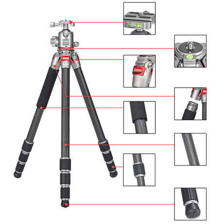 JUSINO Leichtes Karbon Fotostativ mit Kugelkopf Stativ bis 138cm 12kg AF-254C FGS-36