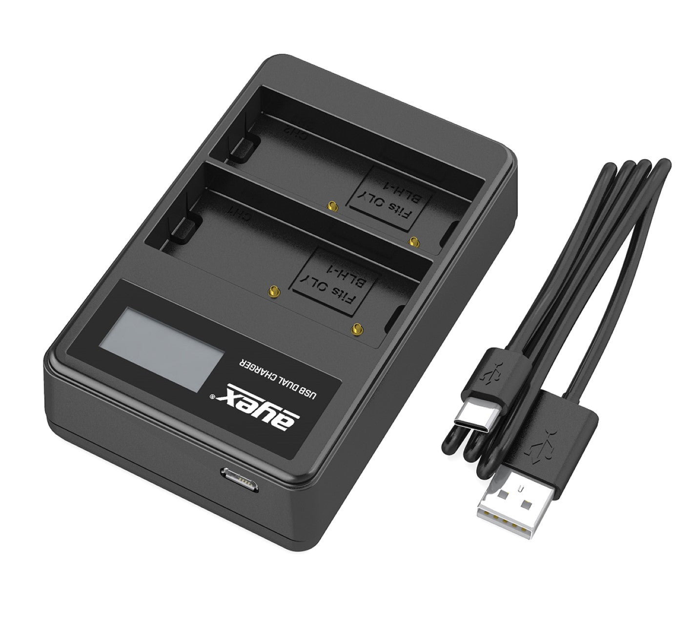 USB Dual Ladegerät für Olympus BLH-1 Akkus beleuchtetes Display Ladestandanzeige