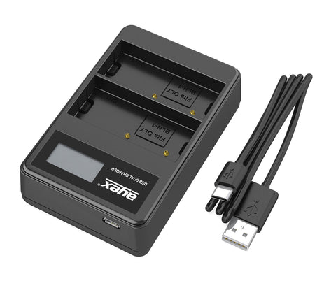 USB Dual Ladegerät für Olympus BLH-1 Akkus beleuchtetes Display Ladestandanzeige