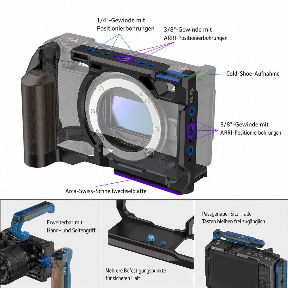 ayex Kamera-Cage für Nikon ZR mit Holzoptik-Griff und Arca-Profil