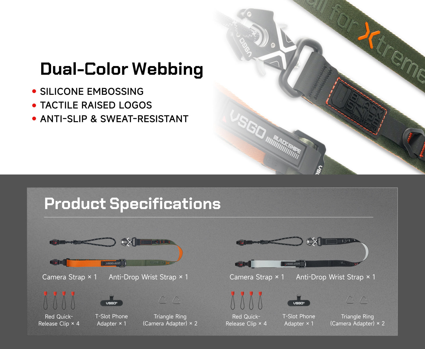 VSGO Black Snipe Urban Kamera-Gurt (Core Glow) mit Quick-Release Anti-Twist & Handgurt-Set